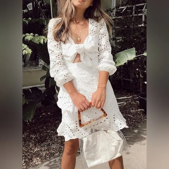 Women's Sexy Long Sleeve Lace Ruffle Mini Dress Hollow Out Summer Dress White - Picture 1 of 8